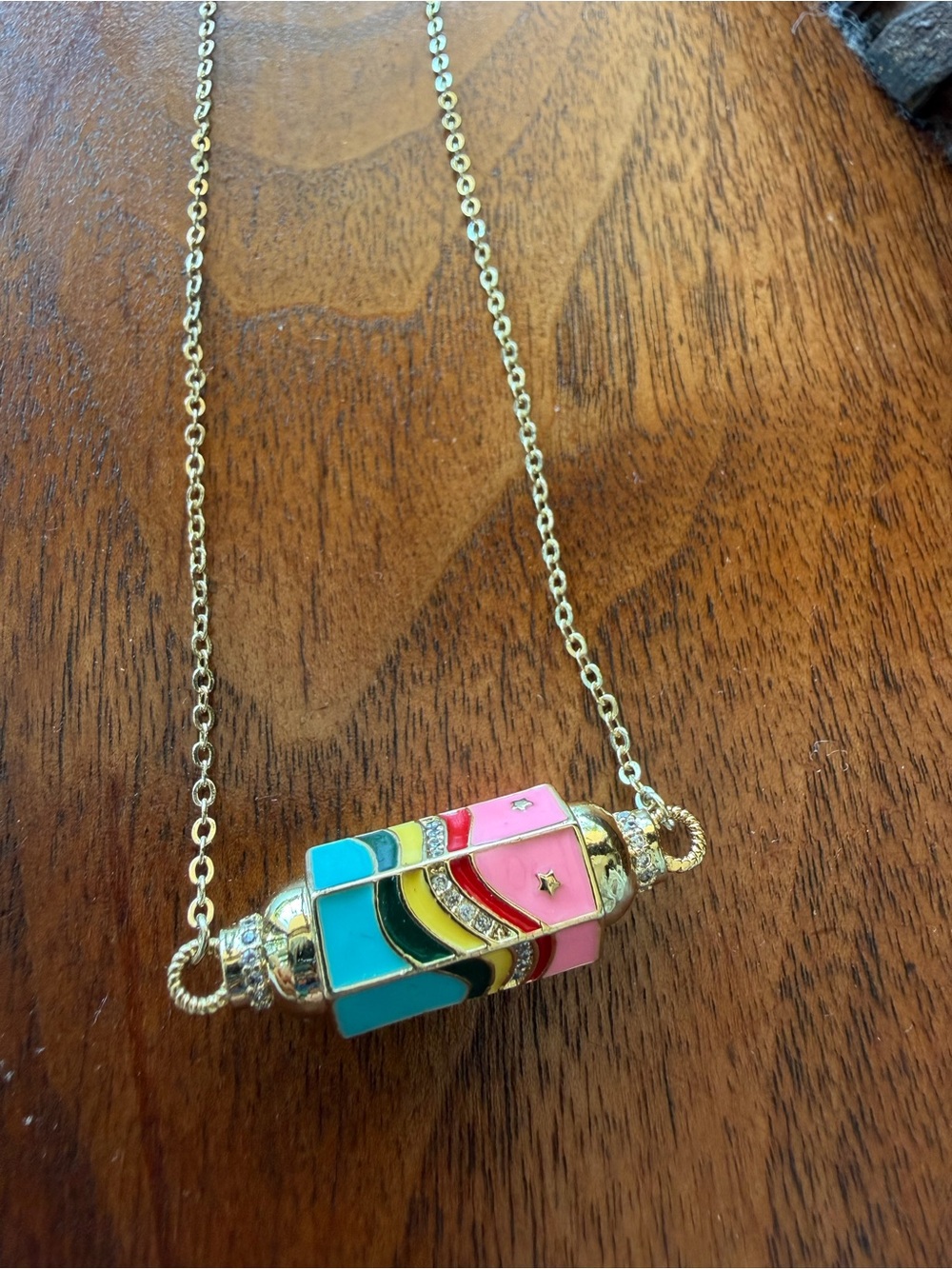 Gold-Plated Multi-Color Enamel Barrel Pendant Necklace